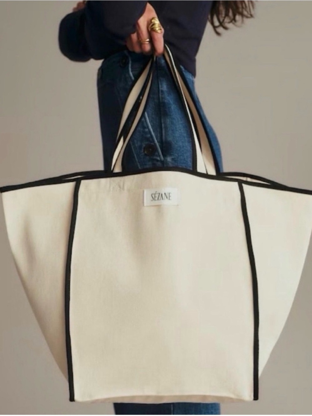 Sezane Cream Canvas Tote with Black Trim